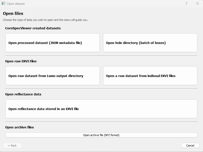 The CoreSpecViewer load dialogue.